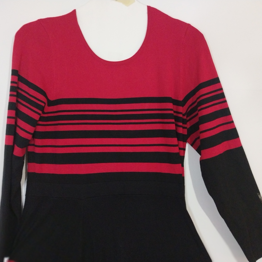 Ashro Dress Sweater Large Elegant Red and Black Striped Dress - Picture 5 of 13